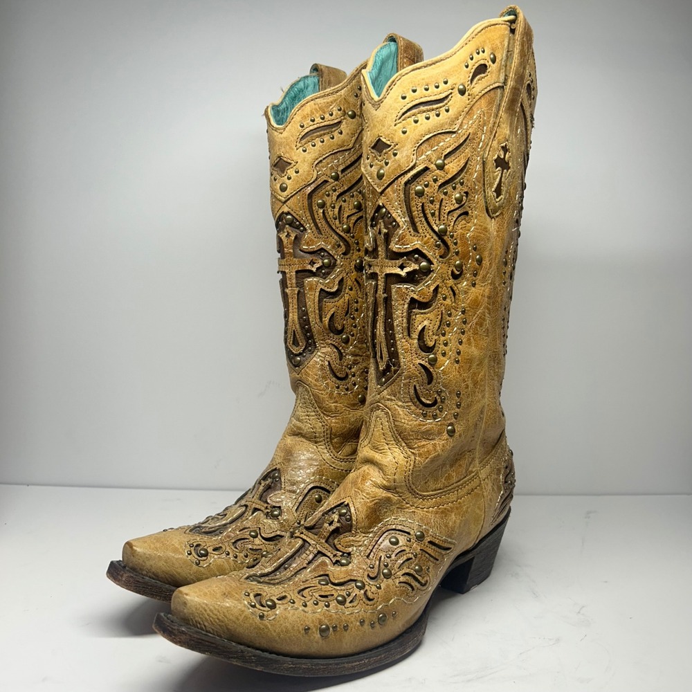 Corral Vintage Cross Inlay Studded Western Boots Tan Leather Women 7.5M C2854